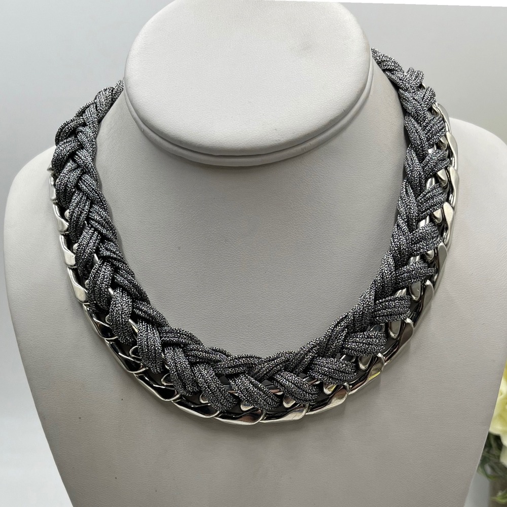 Joan Rivers Vintage Silver Tone Chunky Gray Metallic Braided Chain Necklace
